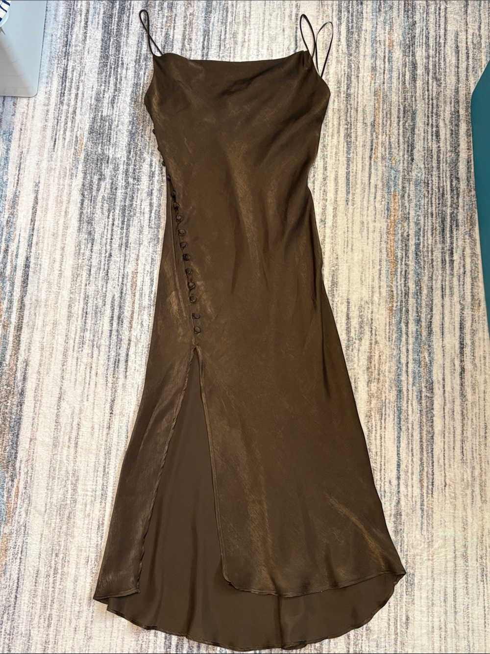 Zara Brown Satin Slip Maxi Dress with Side Button Slit